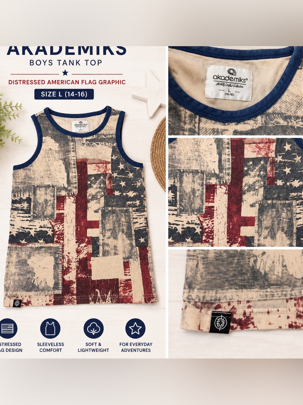 Akademiks Boys L 14-16 Distressed American Flag Graphic Sleeveless Tank Top